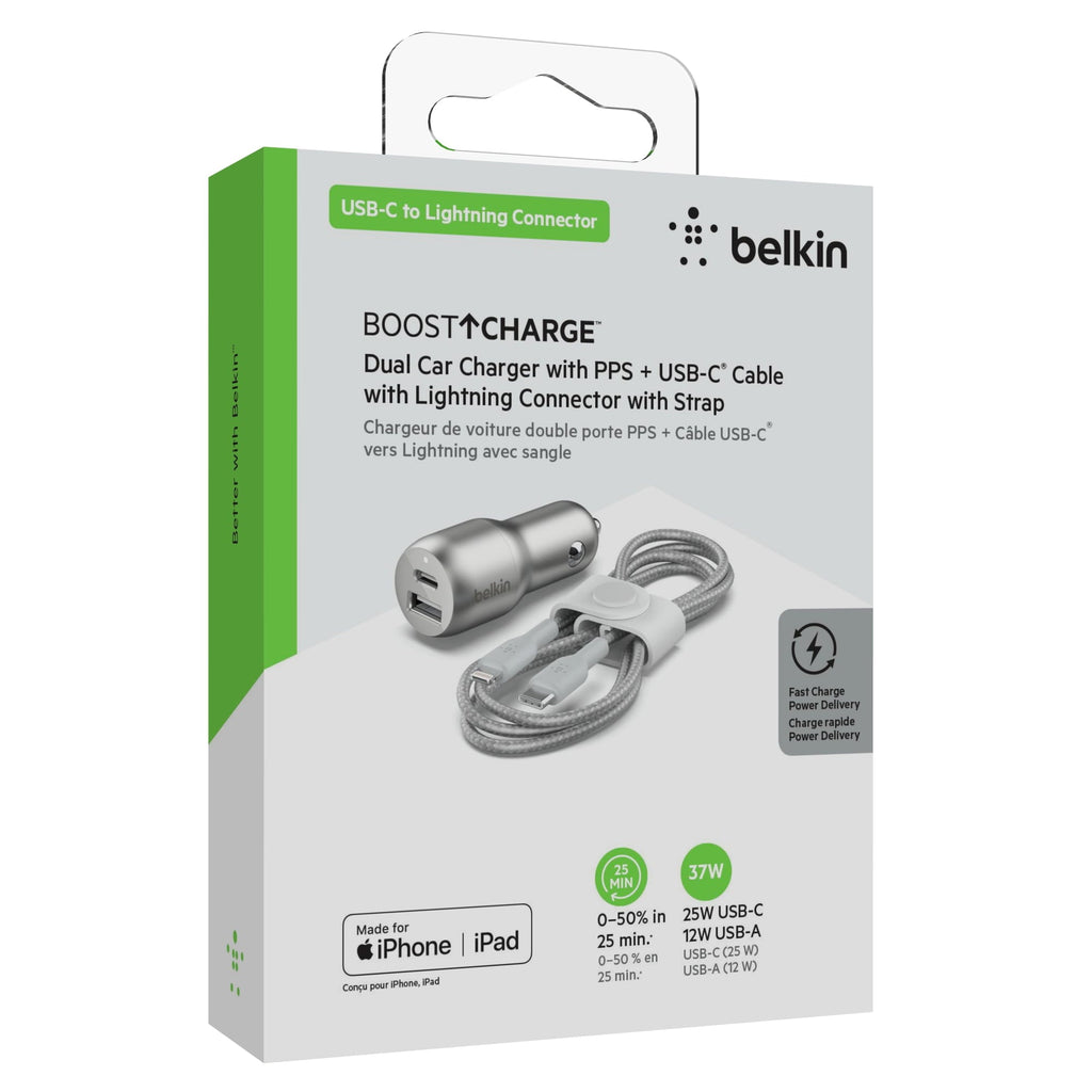 Belkin 37W Dual Port Fast Car Charger with 3.3ft USB-C Cable Included, USB-C 25W PPS Port and USB-A 12W Port for Galaxy S23, S23+, Ultra, Note20, iPhone 15, 14, 13, 12, 11, Pro, Max, Mini and More