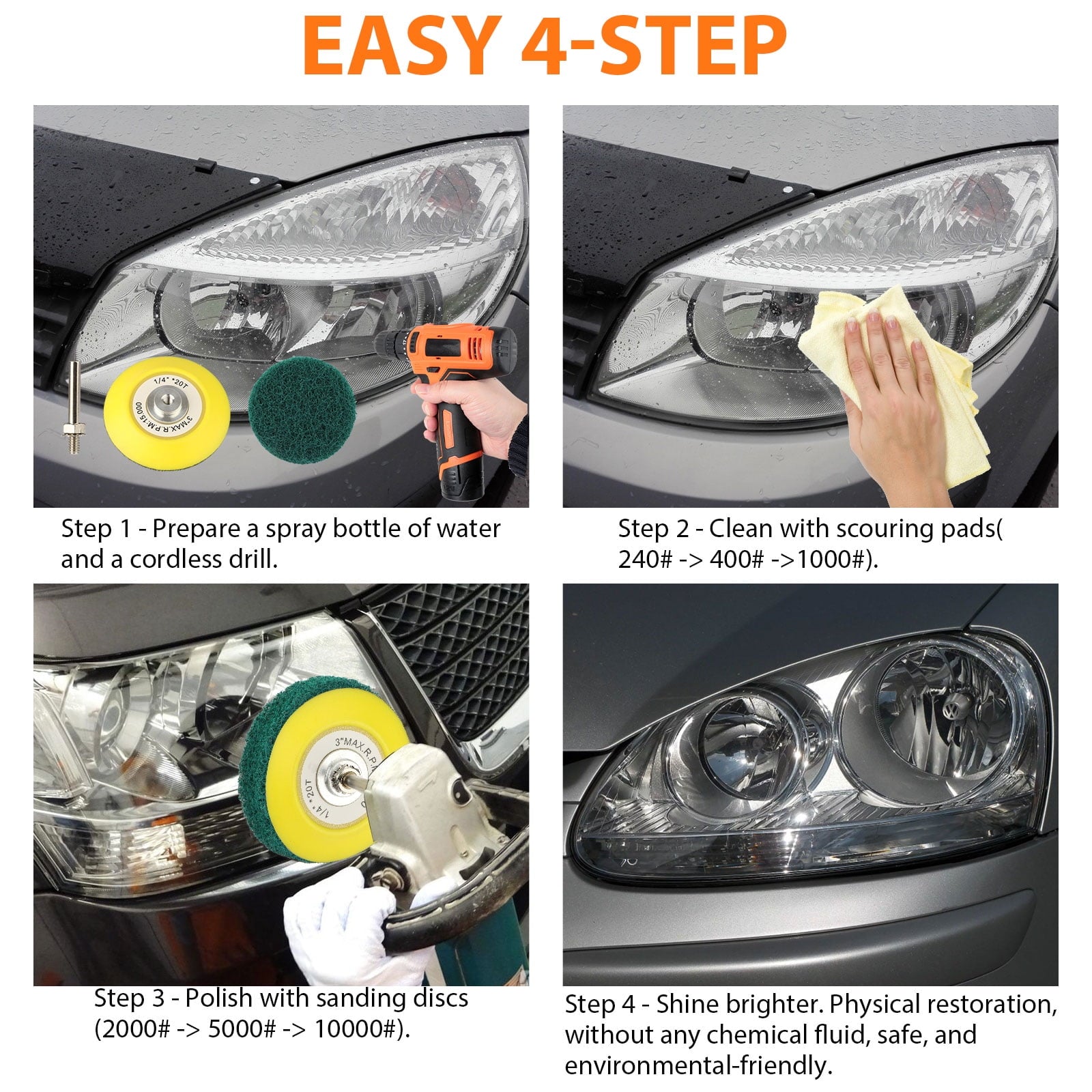 EEEkit Headlight Restoration Kit, 21pcs 3inch Car Headlights Electric Drill Based Car Lights DIY Polishing Kit with Sanding Backing Pad, Mop, Drill Adapter, Sponge Buffer Pad