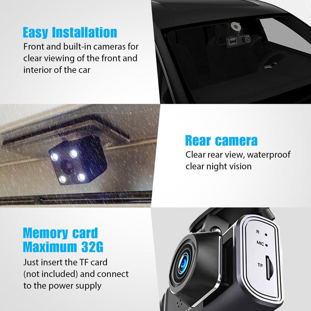 Dash Cam Front and Rear, TSV 3 Channel Dual Dash Camera, 1080P Car Camera DVR Backup Cam, 3 Way Triple Dashboard Driving Recorder, Inside IR Night Vision, G-Sensor, Parking Mode
