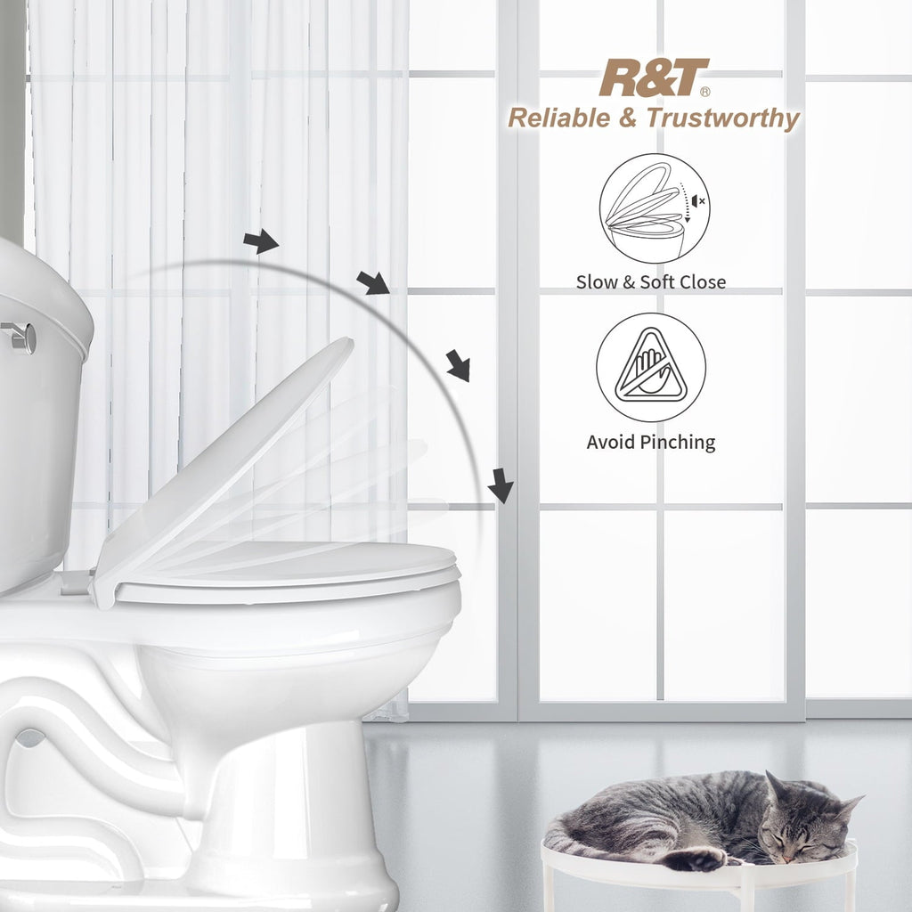 R&T B1130 Toilet Seat 400 pound Oval Plastic Toilet Seat Soft Close No Slam White