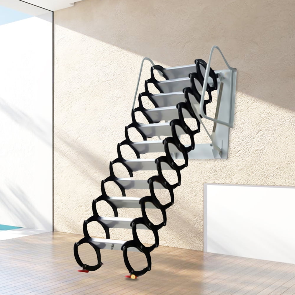 Loft Telescoping Ladder Stairs, 114-122" Wall Mounted Folding Ladder Scissor Structure Collapsible Attic Extendable Stairs,White/Black 12 Steps