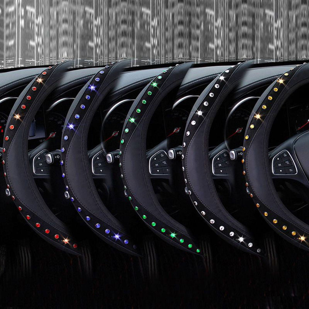 PWFE Universal 15 Inch Diamond PU Leather Steering Wheel Cover with Bling Bling Crystal Rhinestones(Black1)