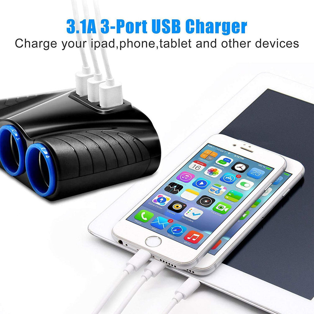 120W 3-Socket 3 USB Charging Port Cigarette Lighter Splitter, EEEkit Car Charger Power Adapter with Blue LED Light, DC 12V/24V Multi-Power Outlet Fit for GPS, Dash Cam, Smart Phones, iPad