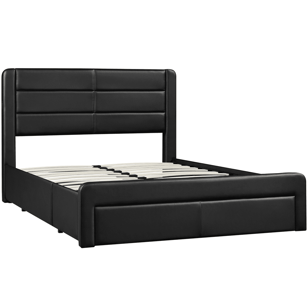 Easyfashion Upholstered Platform Queen Bed with 3 Storage Drawers and Built-in USB Ports, Black