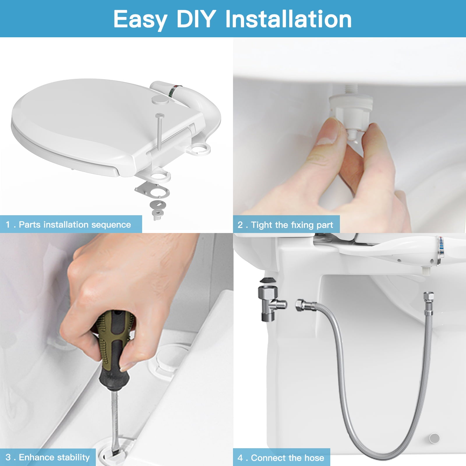 Elongated Manual Bidet Toilet Seat Non Electric, Quick-Release White Quiet-Close Lid, Bidet Seat with Self-Cleaning
