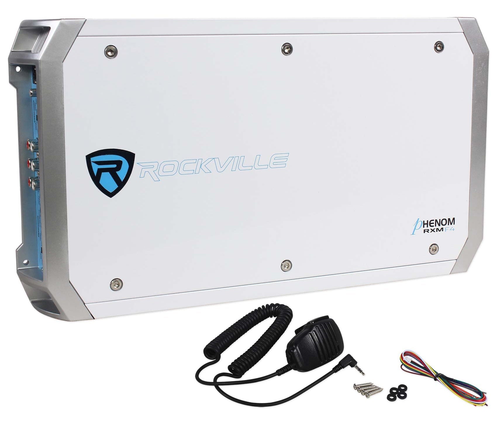 Rockville RXM-F4 Marine 4 Channel Amplifier 2400w Peak/600w RMS+PA Mic+Amp Kit