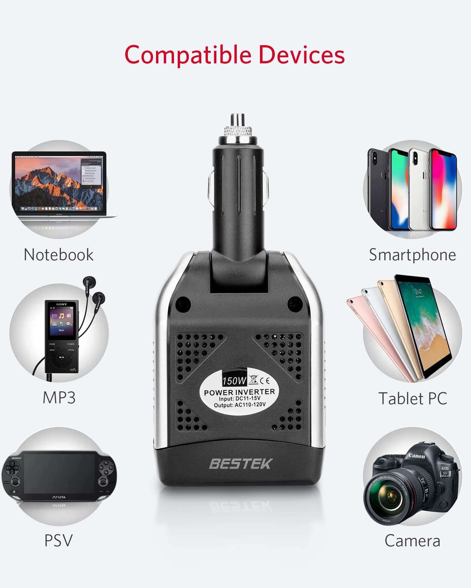 BESTEK 150W Power Inverter Car Charger with 2 USB Charging Ports