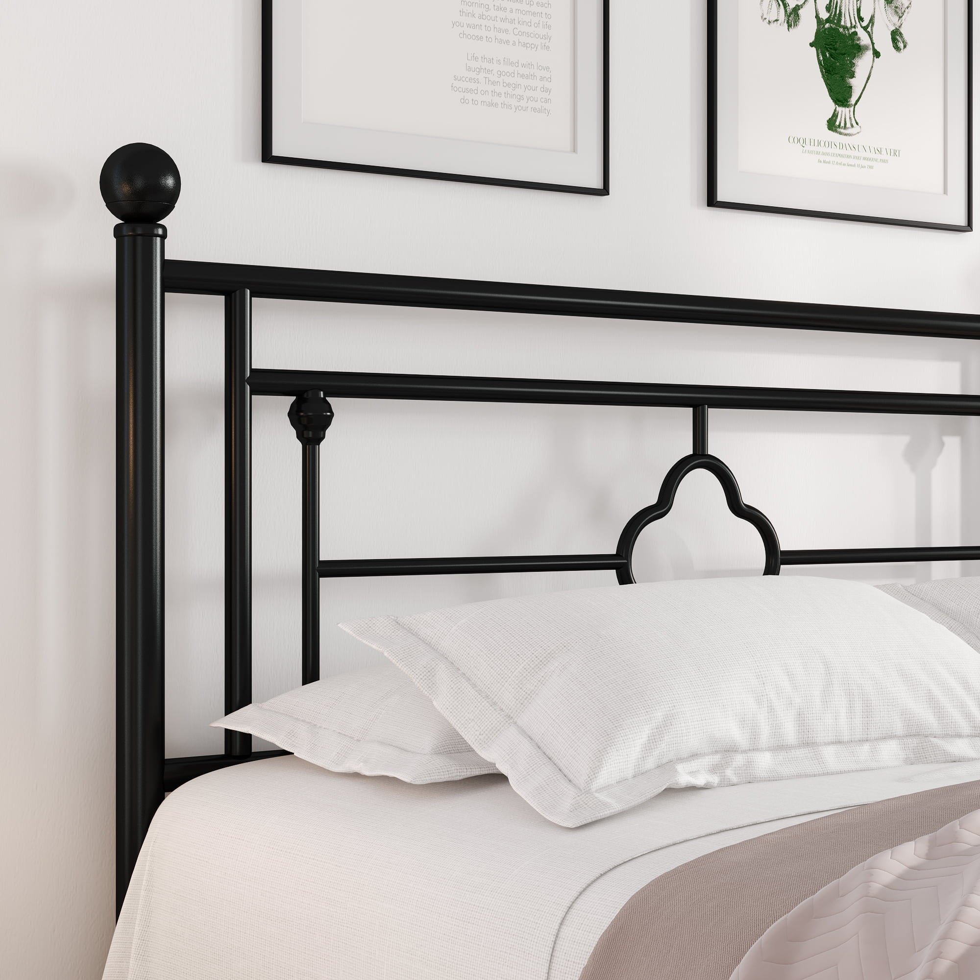 Einfach Queen Size Heavy Metal Bed with Vintage Headboard Pattern, Black