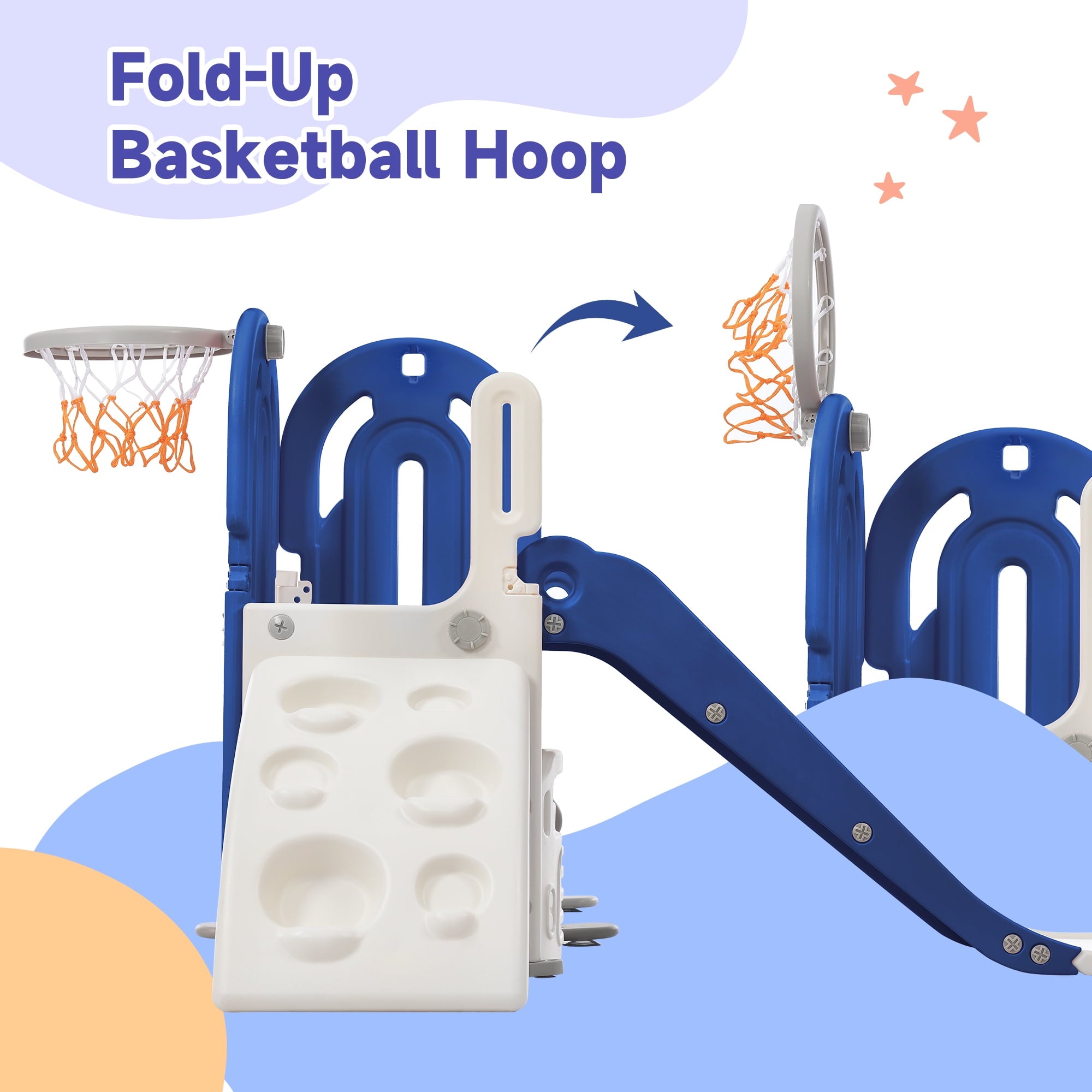 4 in 1 Toddler Climber and Slide Set, Freestanding Kids Playground Set with Basketball Hoop and Hidden Storage Space, Play Combination for Indoor Outdoor, Blue