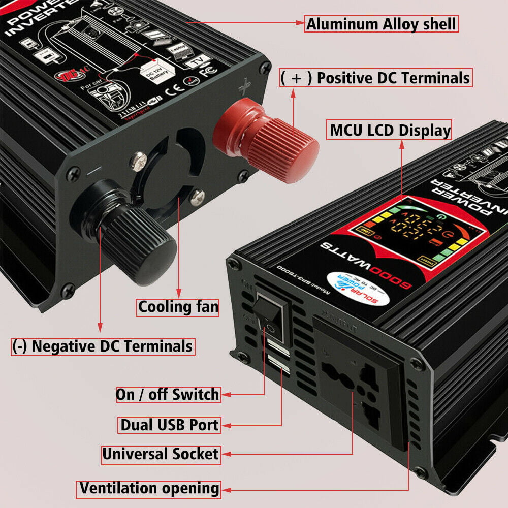 6000W Peak Car Power Inverter, DFITO DC 12V to AC 110V Adapter with 1 AC Outlets,4.2A Dual USB Charging Port,1 Cigarette Lighter Adapter,LCD Display