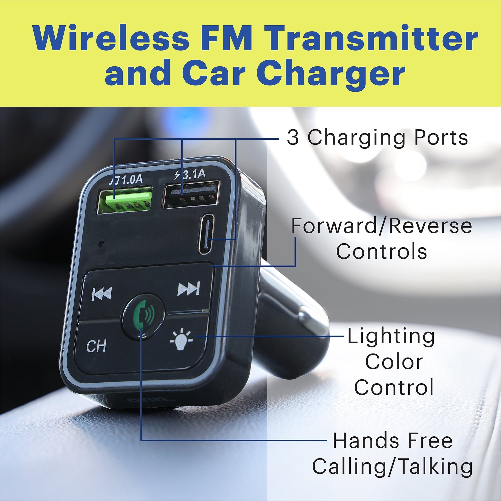 onn. Bluetooth LED FM Transmitter Car Charger with LCD Screen