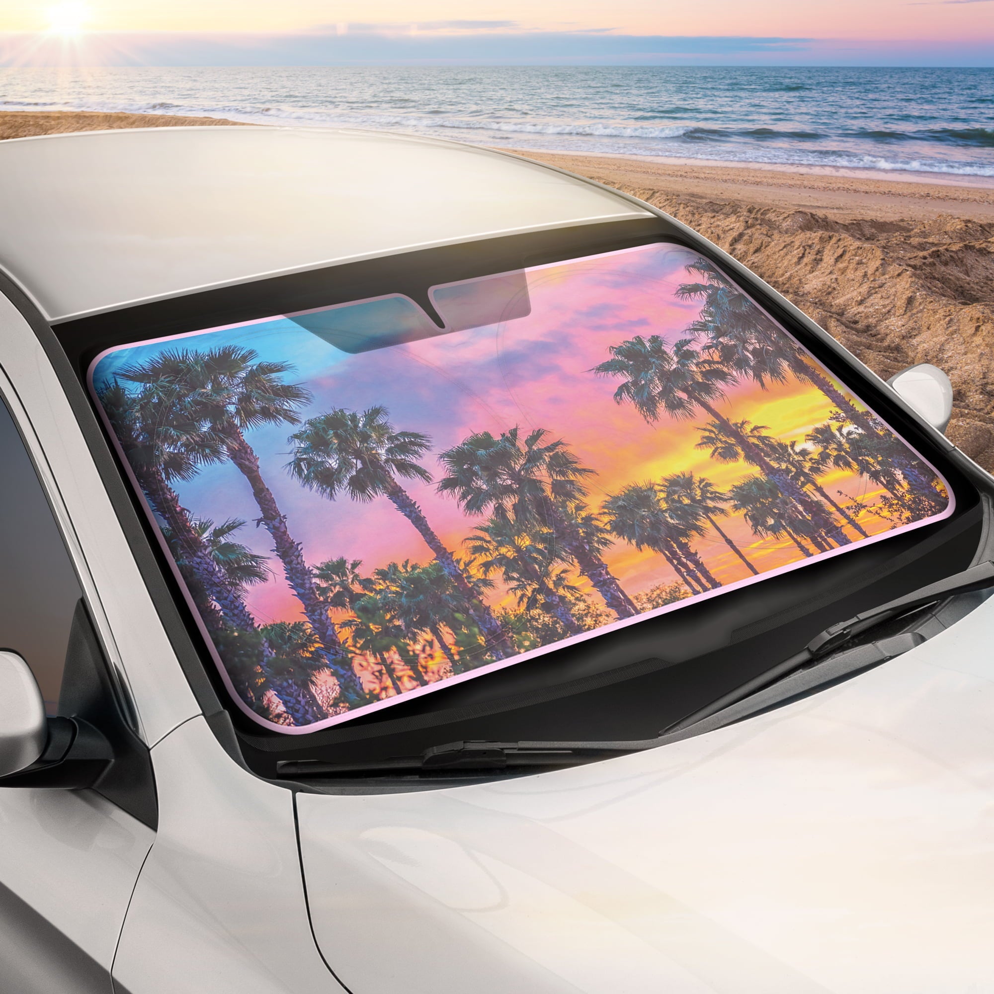 BDK CBAS-3101 Sunset Palm Trees Car Window Windshield Sun Shade Visor 64"x32"