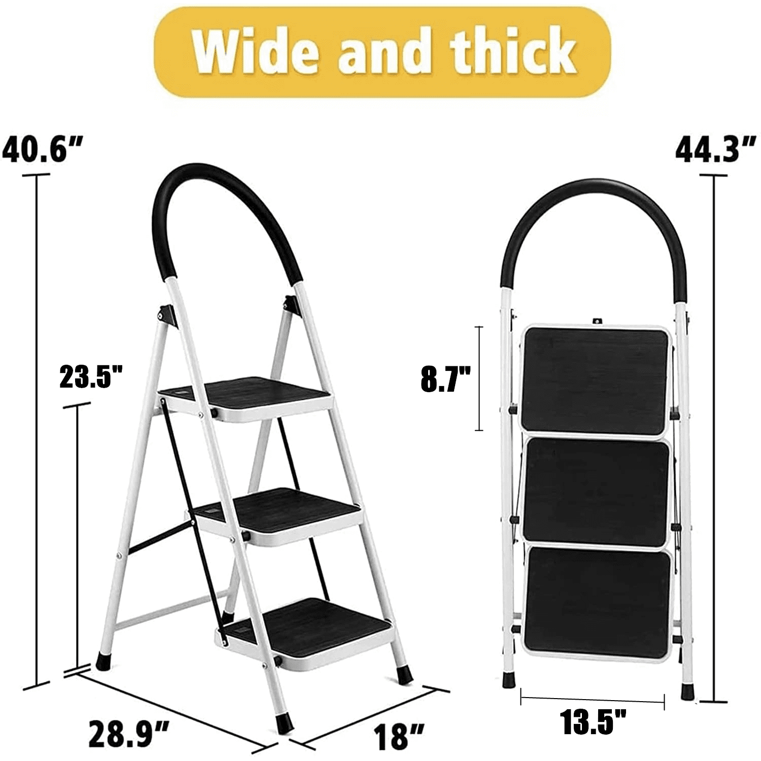 3 Step Ladder Folding Step Stool Ladder with Wide Anti-Slip Pedal Rubber Handle Feet Lightweight Portable Sturdy Steel Ladder