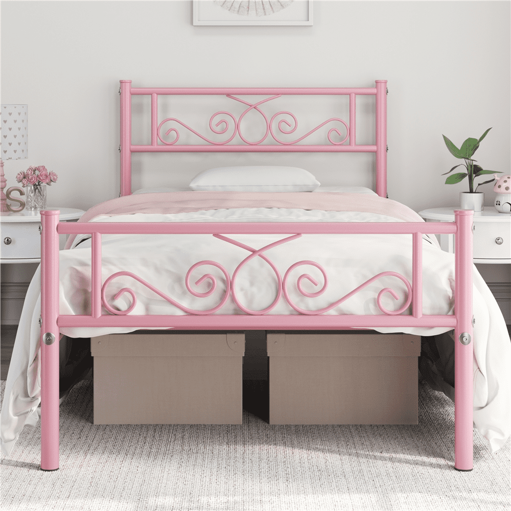 Easyfashion Jocelyn Modern Graceful Scroll Metal Platform Twin Bed,Pink