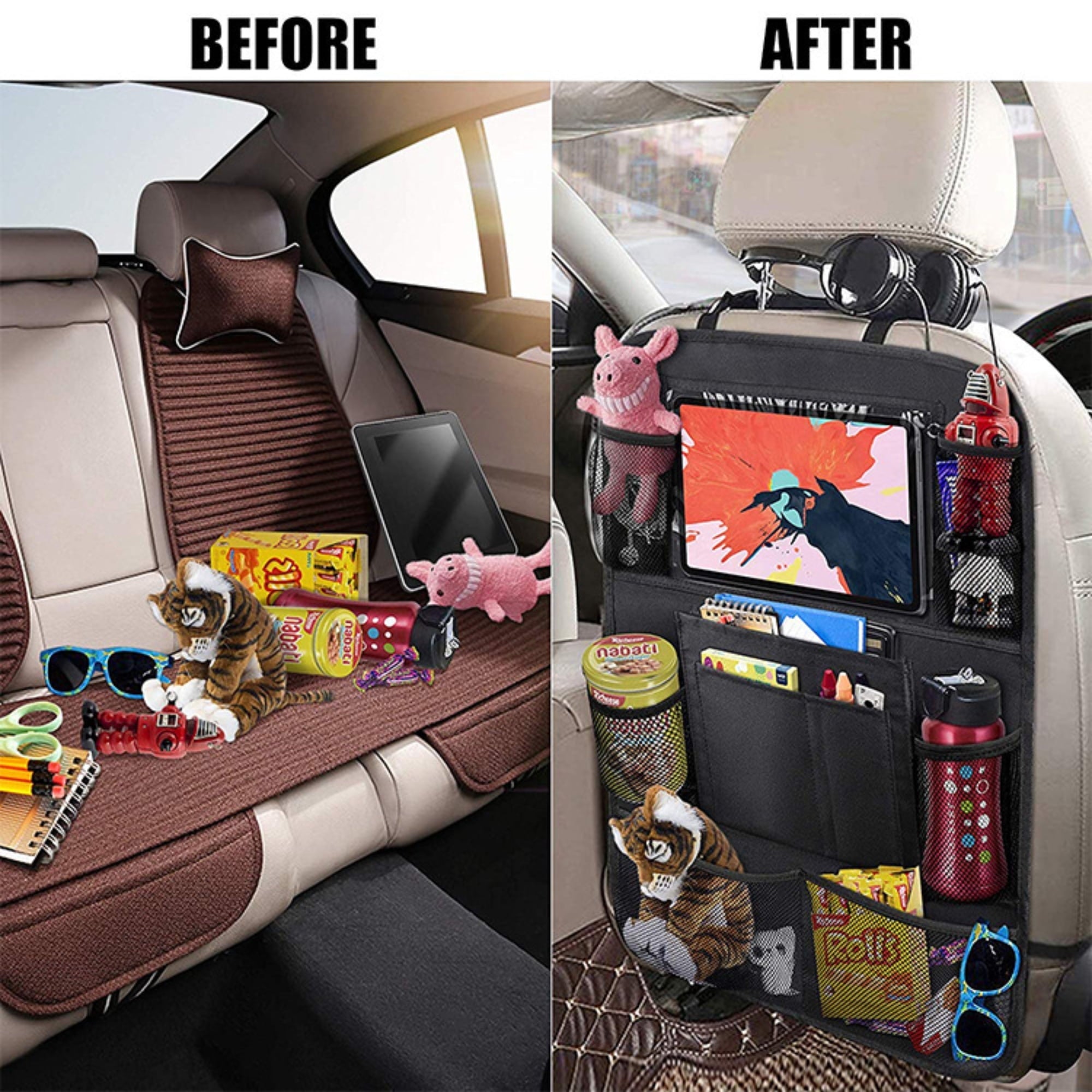 2 Pack Car Back Seat Organizer with Extra Hanging Hook, Multi-Pockets Auto Seat Travel Storage Bag, Universal Car Storage Holder