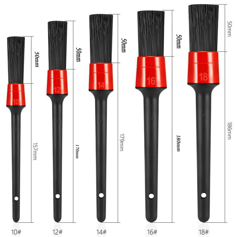 Detailing Brush Kit (Set of 5), Natural Boar Hair Mixed Fibre Beech Handle, Automotive Cleaning Brushes Wet & Dry Use Scratch Free for Interior Exterior Leather Emblem Wheel Tire Nut