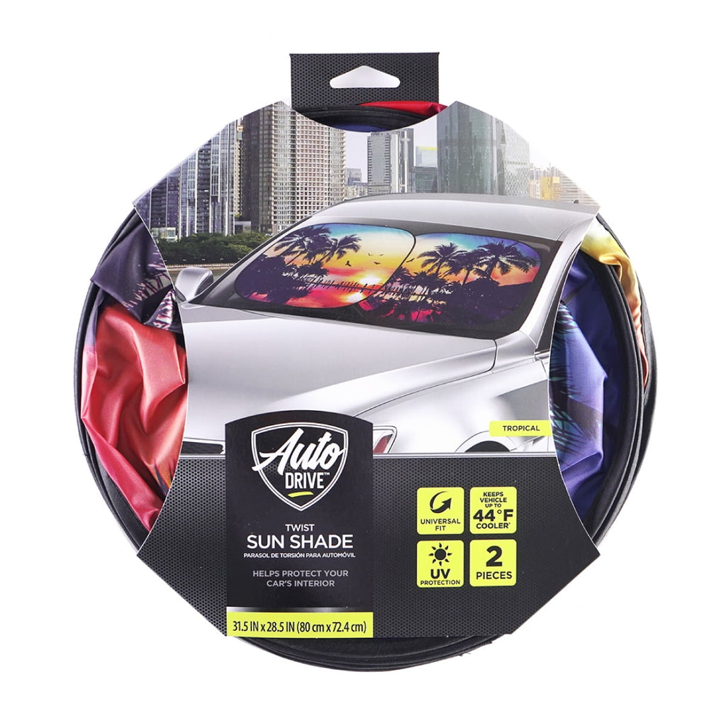 Auto Drive 2 Count Palm Tree Sunset Universal Twist Sun Shade Product Size 28.5'' x 31.5''