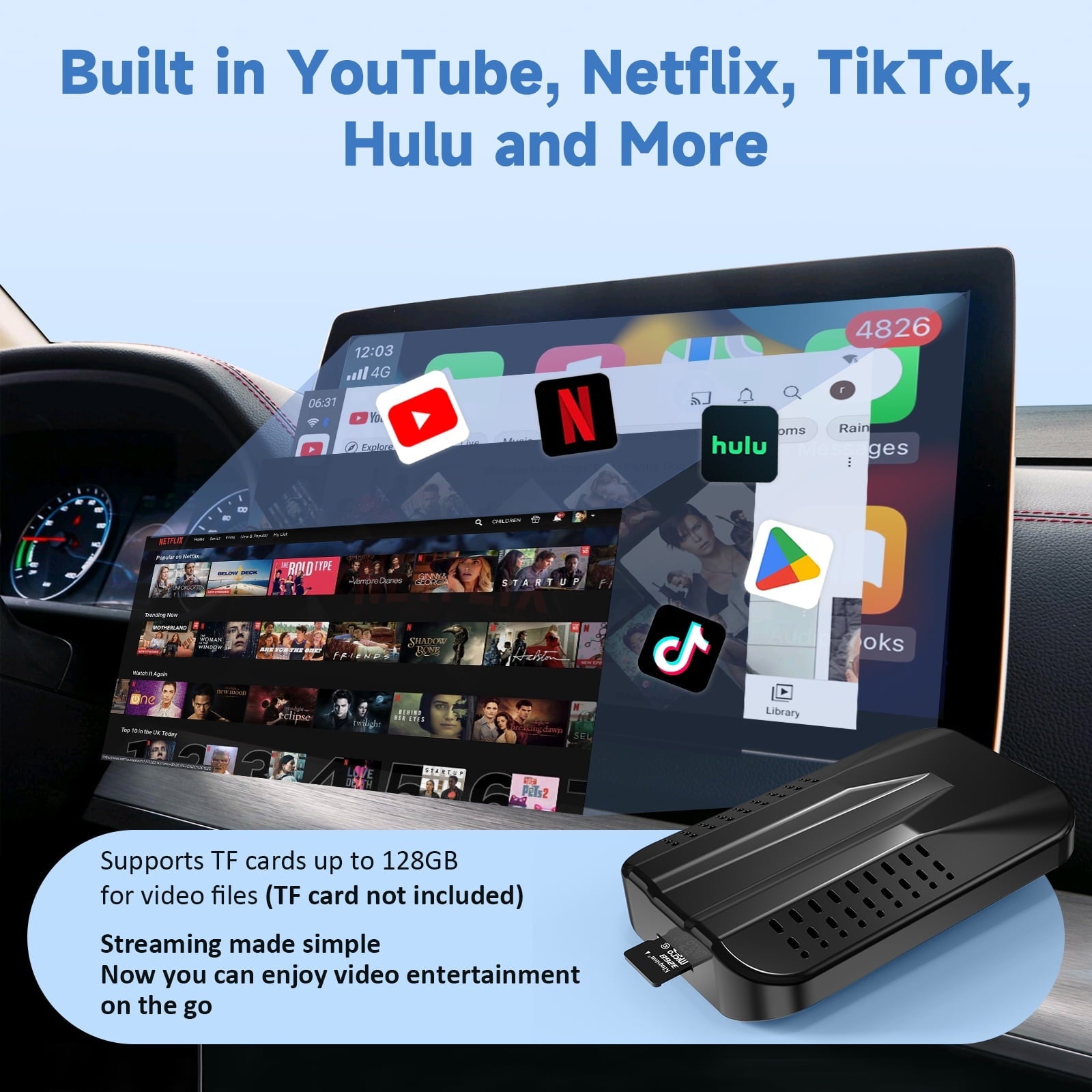 HERILARY Wireless Carplay and Android Auto, Apple Car Play Adapter for Car Stereo Factory Wired CarPlay Support Netflix/YouTube/Tiktok/Google Play/TF Card, 5GHz Wifi, Plug and Play