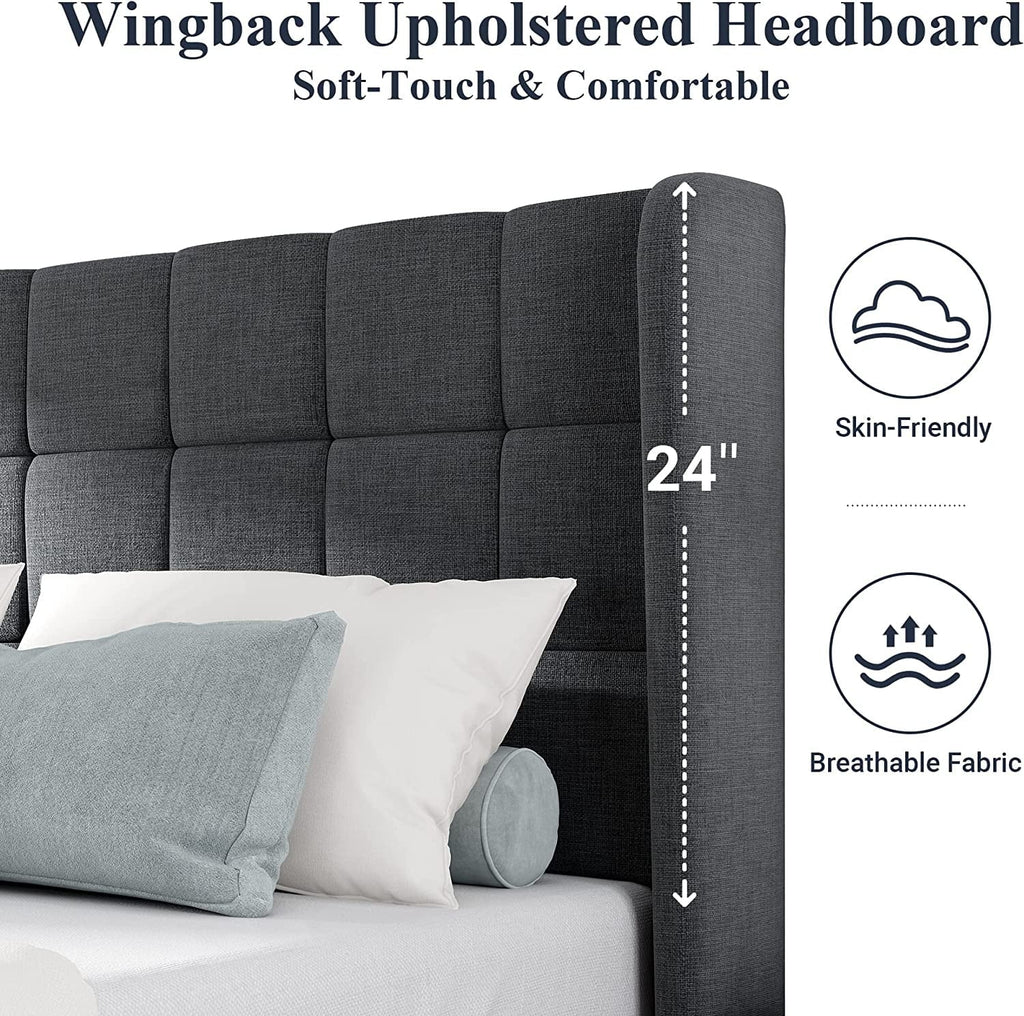 Allewie Queen Size Platform Bed with Wingback Fabric Upholstered Square Stitched Headboard and Wooden Slats, Grey