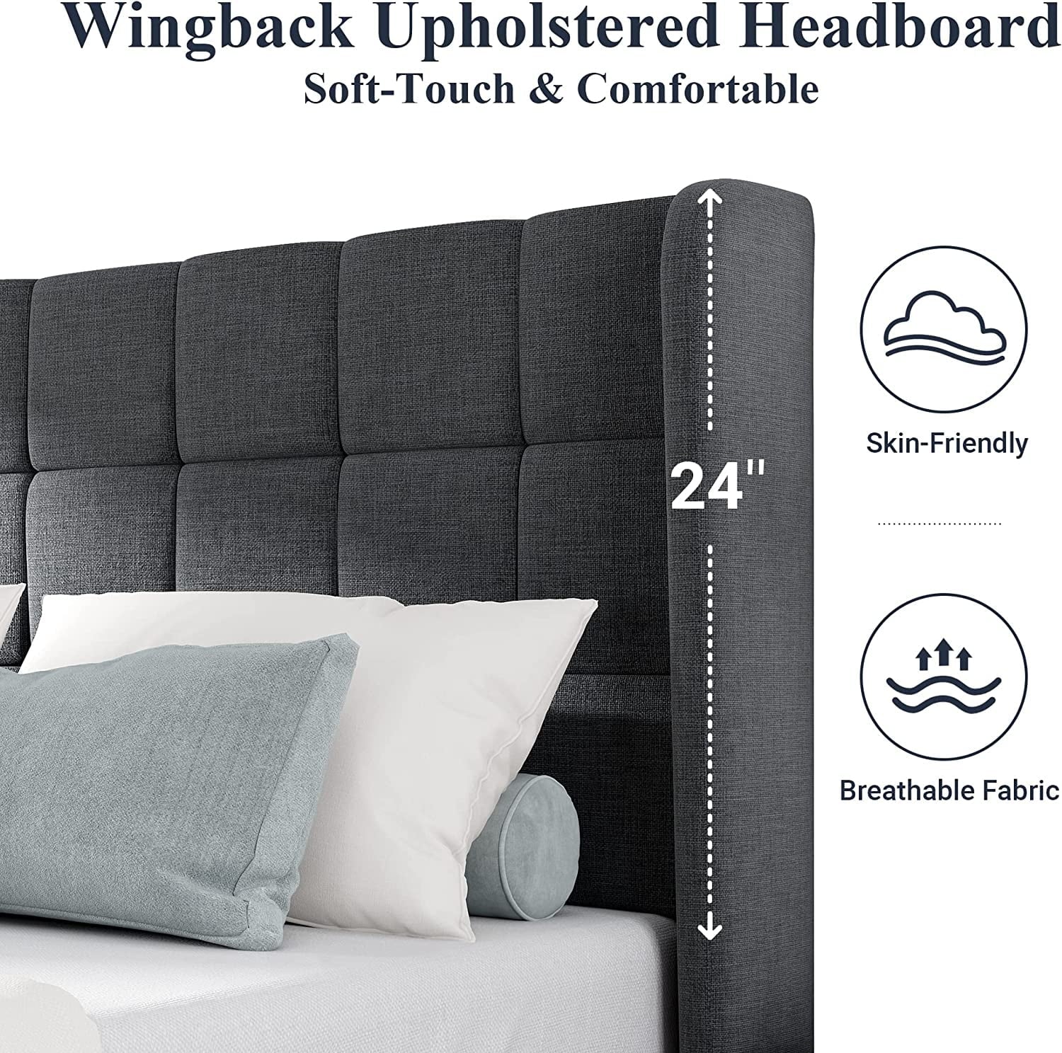 Allewie Queen Size Platform Bed with Wingback Fabric Upholstered Square Stitched Headboard and Wooden Slats, Grey