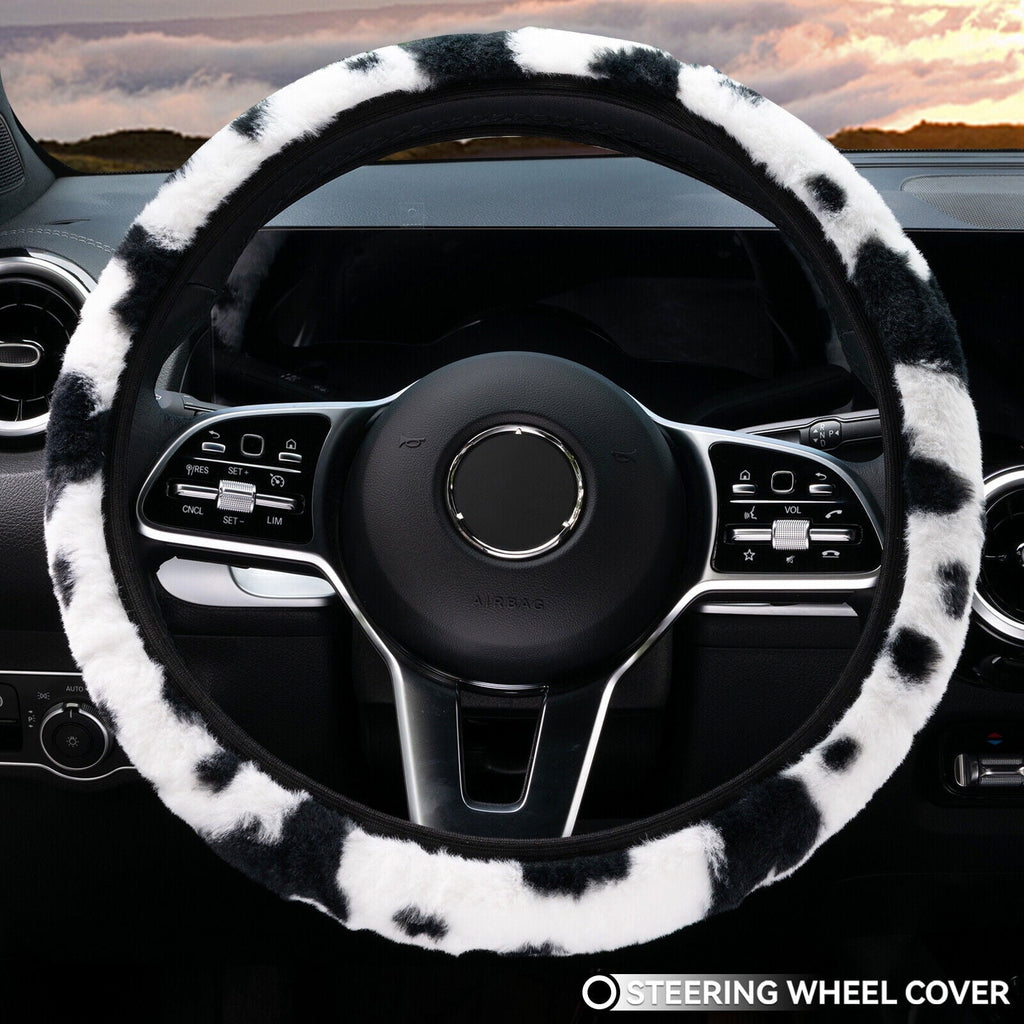 Cow Pattern Plush Car Steering Wheel Cover Protector Anti Slip Milk Cow Print Pattern Fuzzy Universal Fit For 14.5-15 Inches