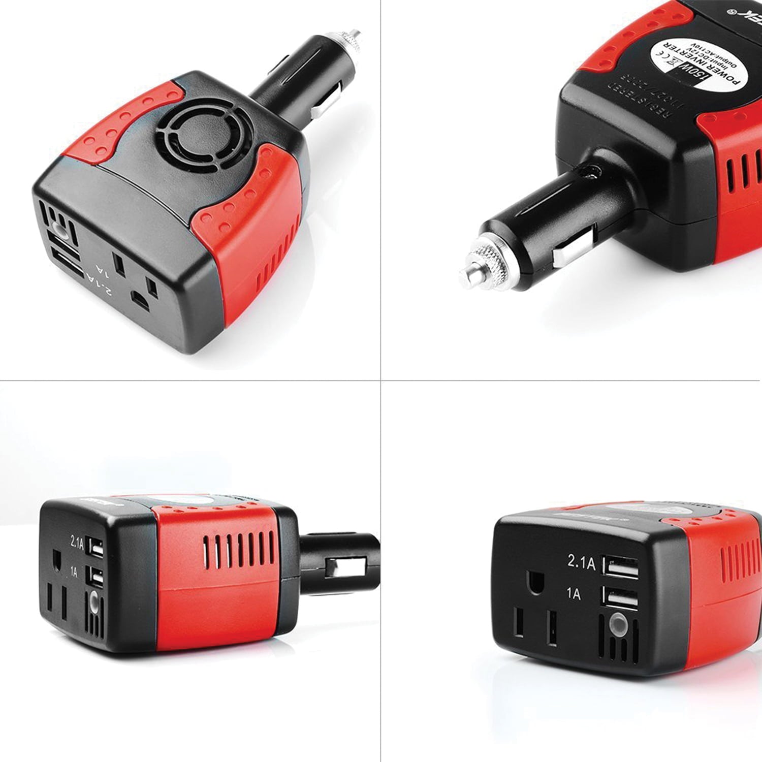 BESTEK MRI1511U 150-Watt 12-Volt DC Plug-in Cigarette Lighter Power Inverter with Fixed Plug Head, 1 AC Outlet, and 2 USB Ports with 3.1 Amps Shared