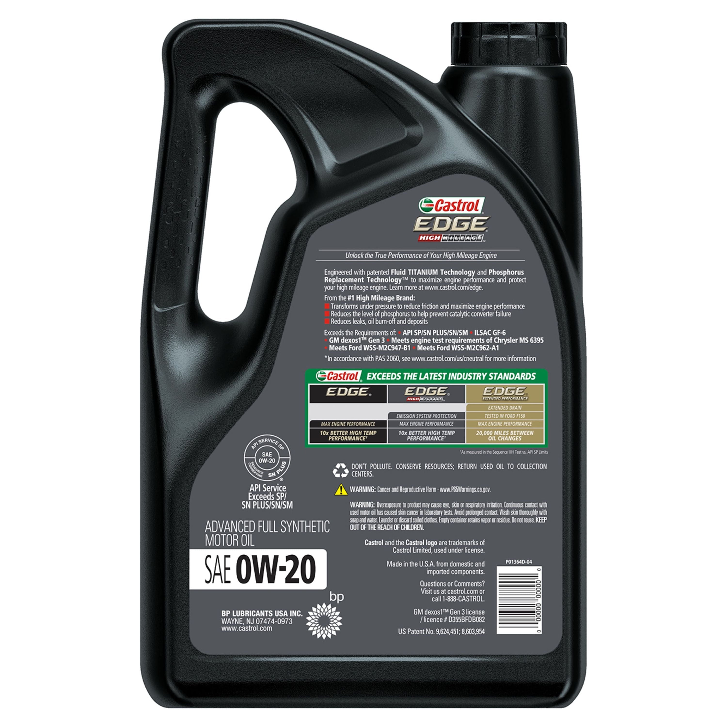 Castrol EDGE High Mileage 0W-20 Advanced Full Synthetic Motor Oil, 5 Quarts