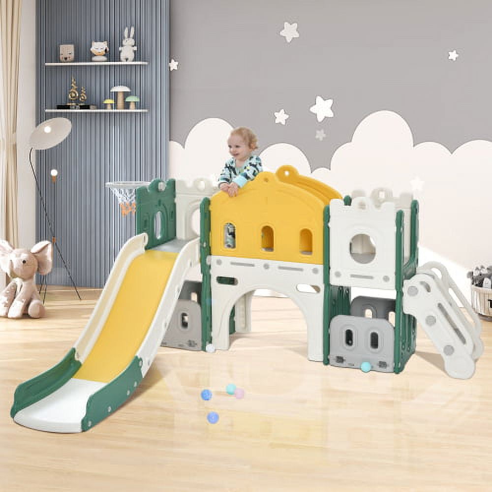 CHURANTY Kids Slide Playset Structure Indoor , Castle Climber with Slide and Basketball Hoop,  Kids Climbers Playhouse for Outdoor Playground Activity,Toy Storage Organizer for Toddlers, Green