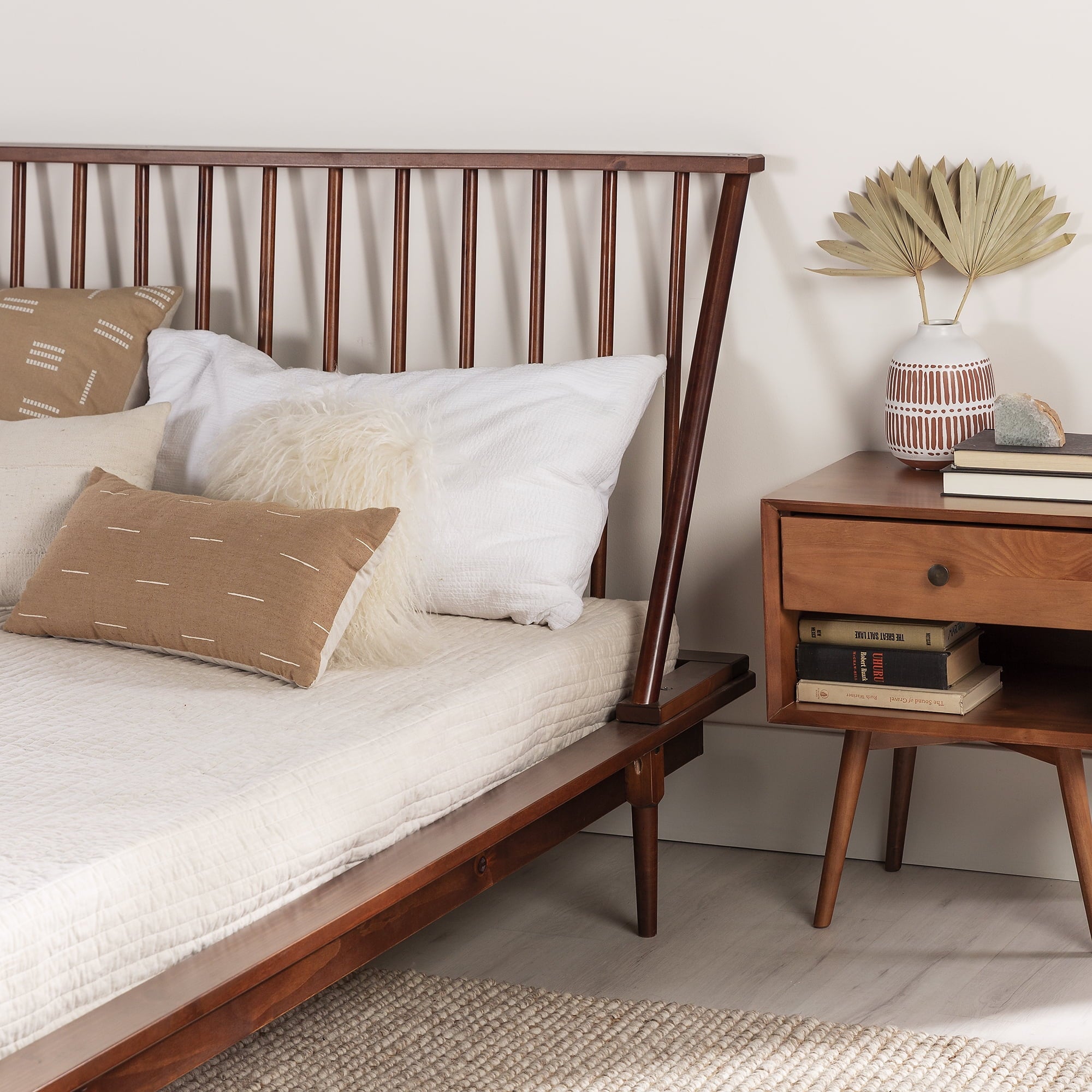 Walker Edison Modern Boho Queen Size Solid Wood Platform Bed, Walnut