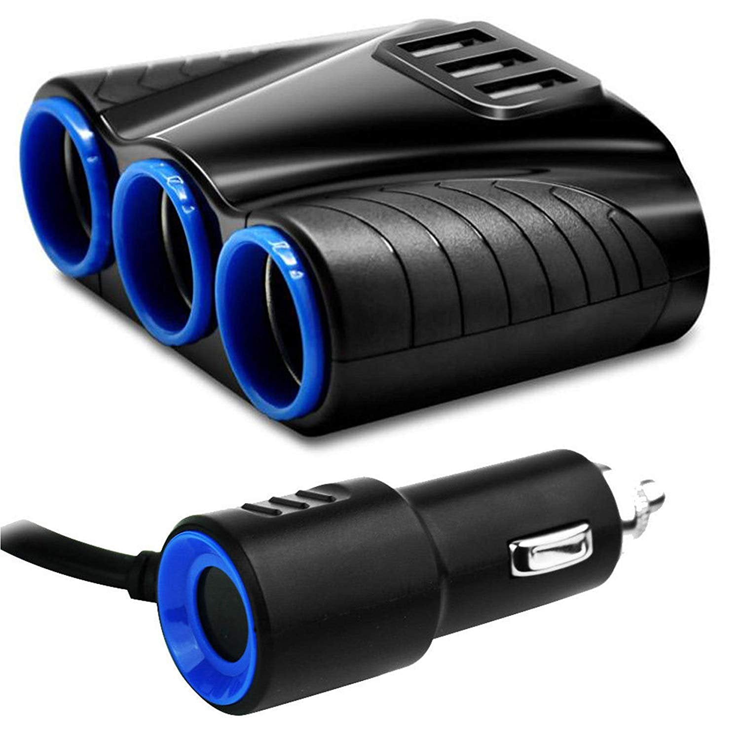 120W 3-Socket 3 USB Charging Port Cigarette Lighter Splitter, EEEkit Car Charger Power Adapter with Blue LED Light, DC 12V/24V Multi-Power Outlet Fit for GPS, Dash Cam, Smart Phones, iPad