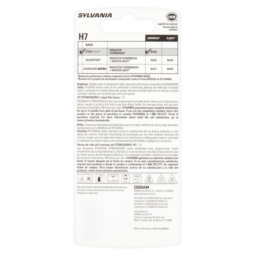 Sylvania H7 XtraVision Halogen Headlight Bulb, Pack of 1