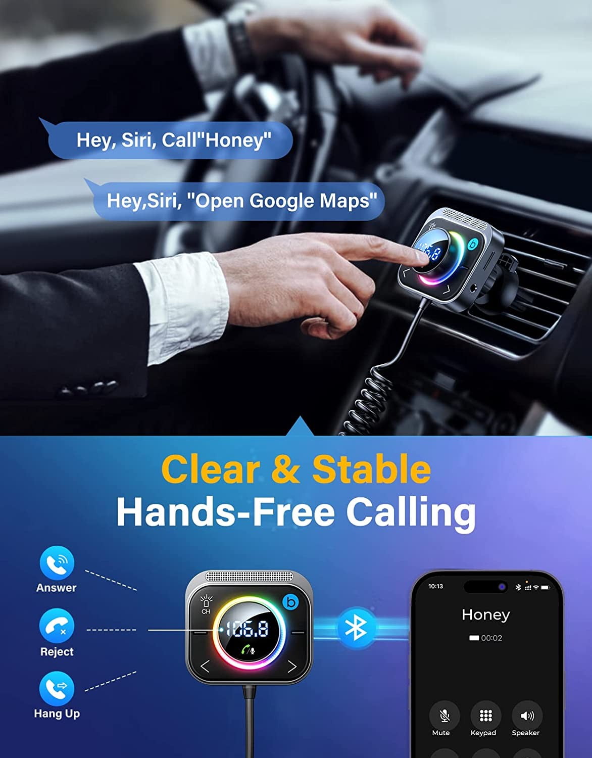 JOYROOM Bluetooth 5.3 Car Wireless FM Transmitter Adapter, 3-Port PD & QC 3.0 USB C Charger, Radio Aux Handsfree Car Kit, Music Player with Air Vent Clip