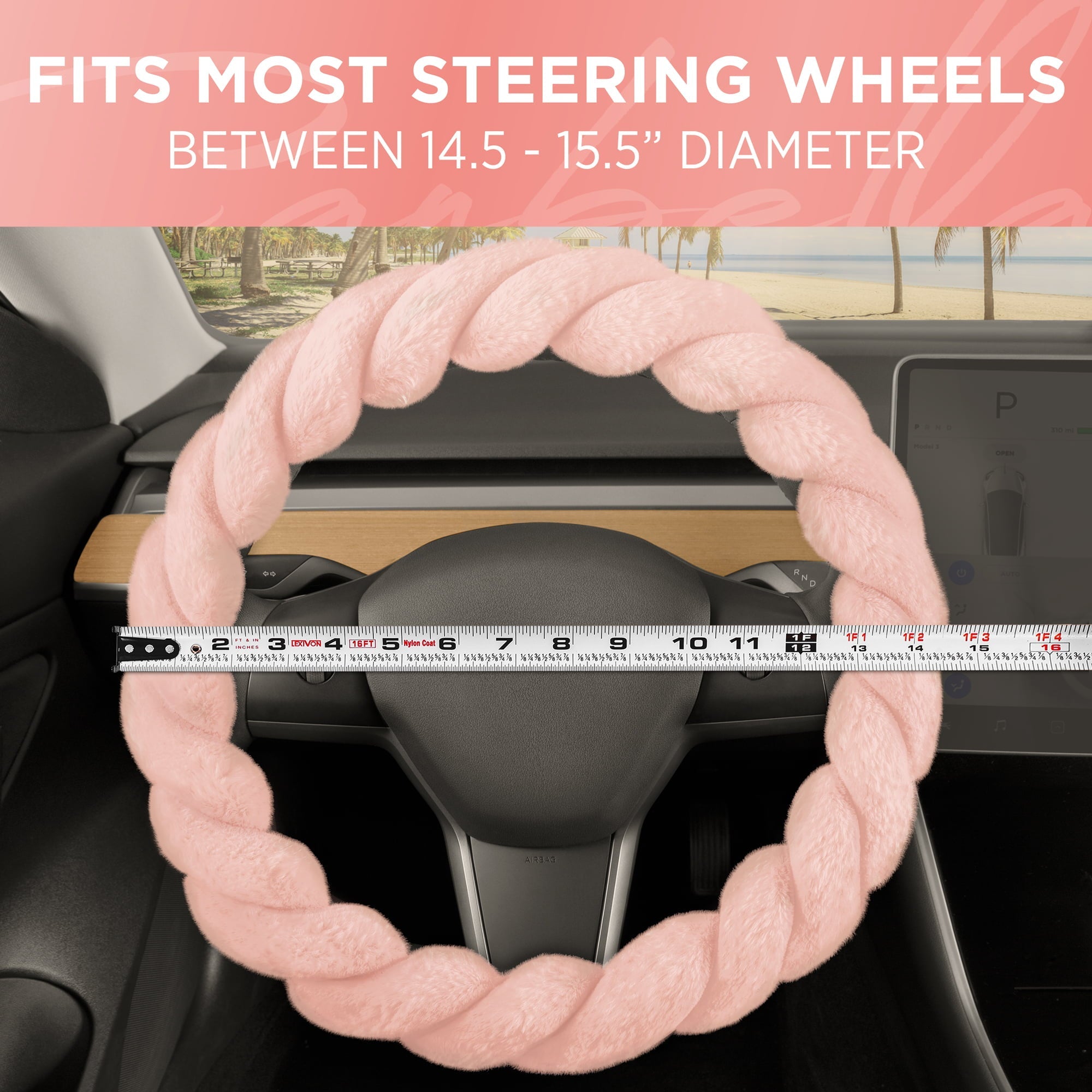 Carbella Twisted Fur Soft Pink Steering Wheel Cover, Standard 15 Inch Size Fits Most Vehicles, Fuzzy Fluffy Car Steering Cover with Soft Faux Fur Touch
