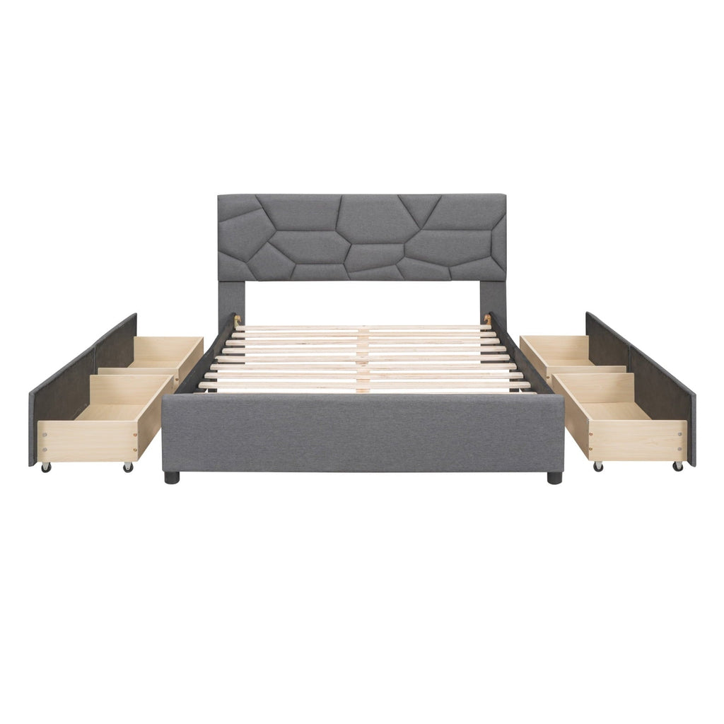 Upholstered Platform Bed with 4 Storage Drawers, Full Size Storage Platform Bed Frame with Brick Pattern Heardboard and Wood Slats Support for Bedroom Dorm Apartment, No Box Spring Needed, Gray