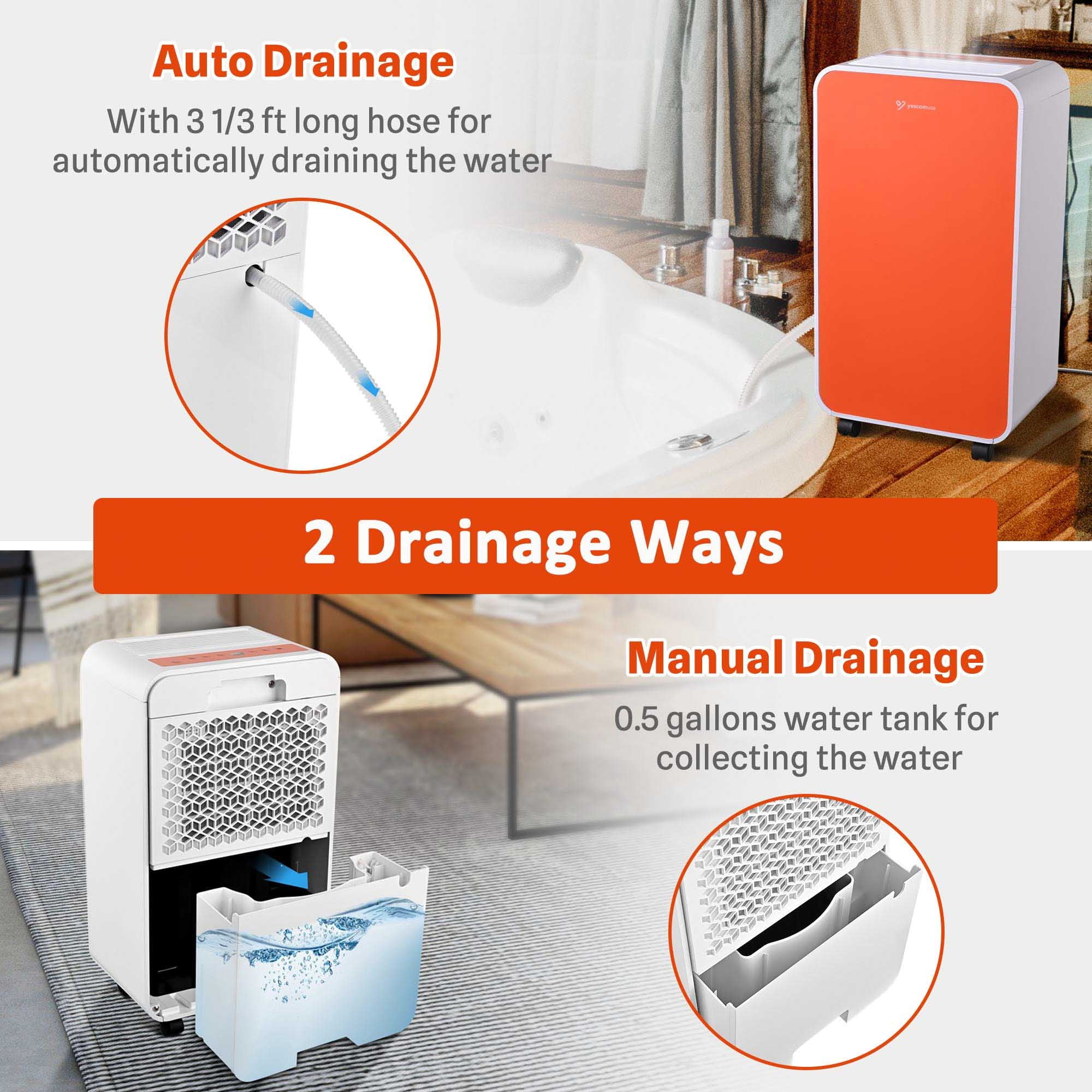 Yescom 24 Pint Portable Dehumidifier 2700 Sq. ft for Basement and Home with Drain Hose, Auto Shut-off