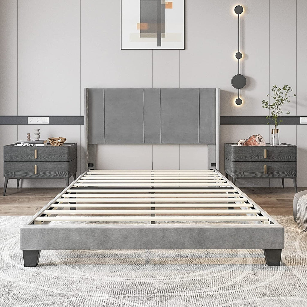 Dextrus Upholstered Wingback Platform Bed with Gray Velvet Headboard, Bed Frame with Wood Slat / No Box Spring Needed / Mattress Foundation, Full