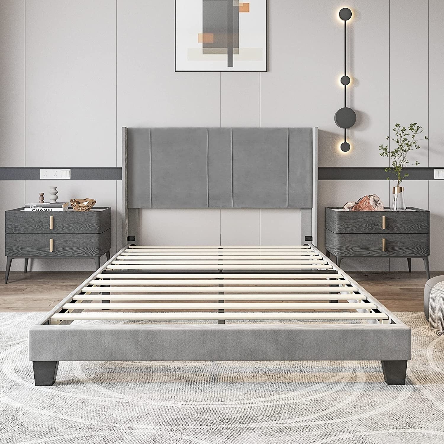 Dextrus Upholstered Wingback Platform Bed with Gray Velvet Headboard, Bed Frame with Wood Slat / No Box Spring Needed / Mattress Foundation, Full