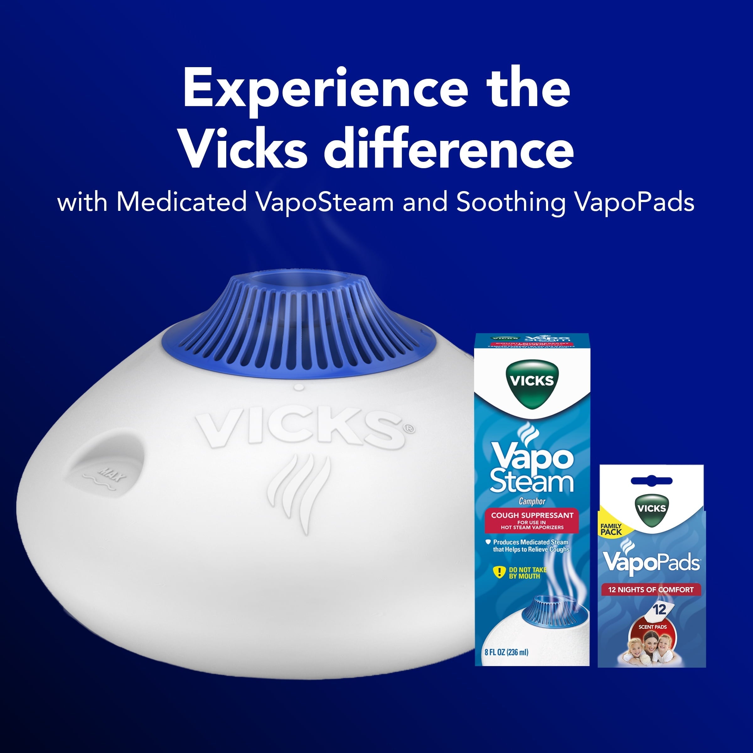 Vicks Warm Steam Vaporizer Humidifier, 600 sq ft, White, V150RYUPC
