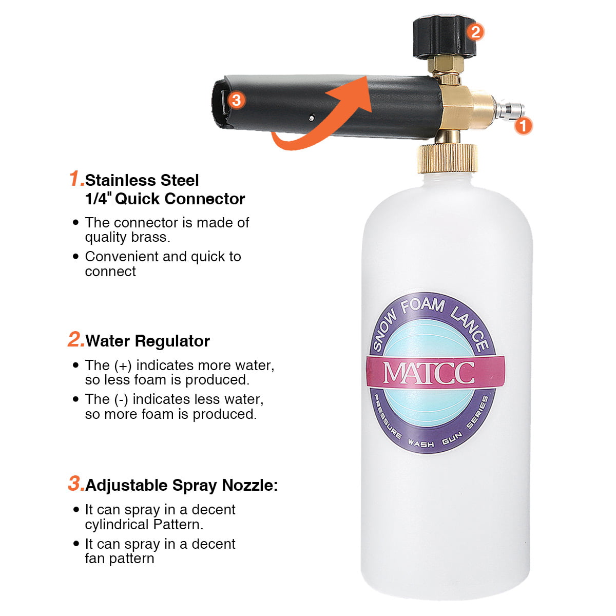 MATCC Adjustable Car Foam Cannon I, Snow Foam Lance Fit 1/4" Quick Connector Wash Gun for Pressure Washer Jet Car Cleaning (0.26gal)