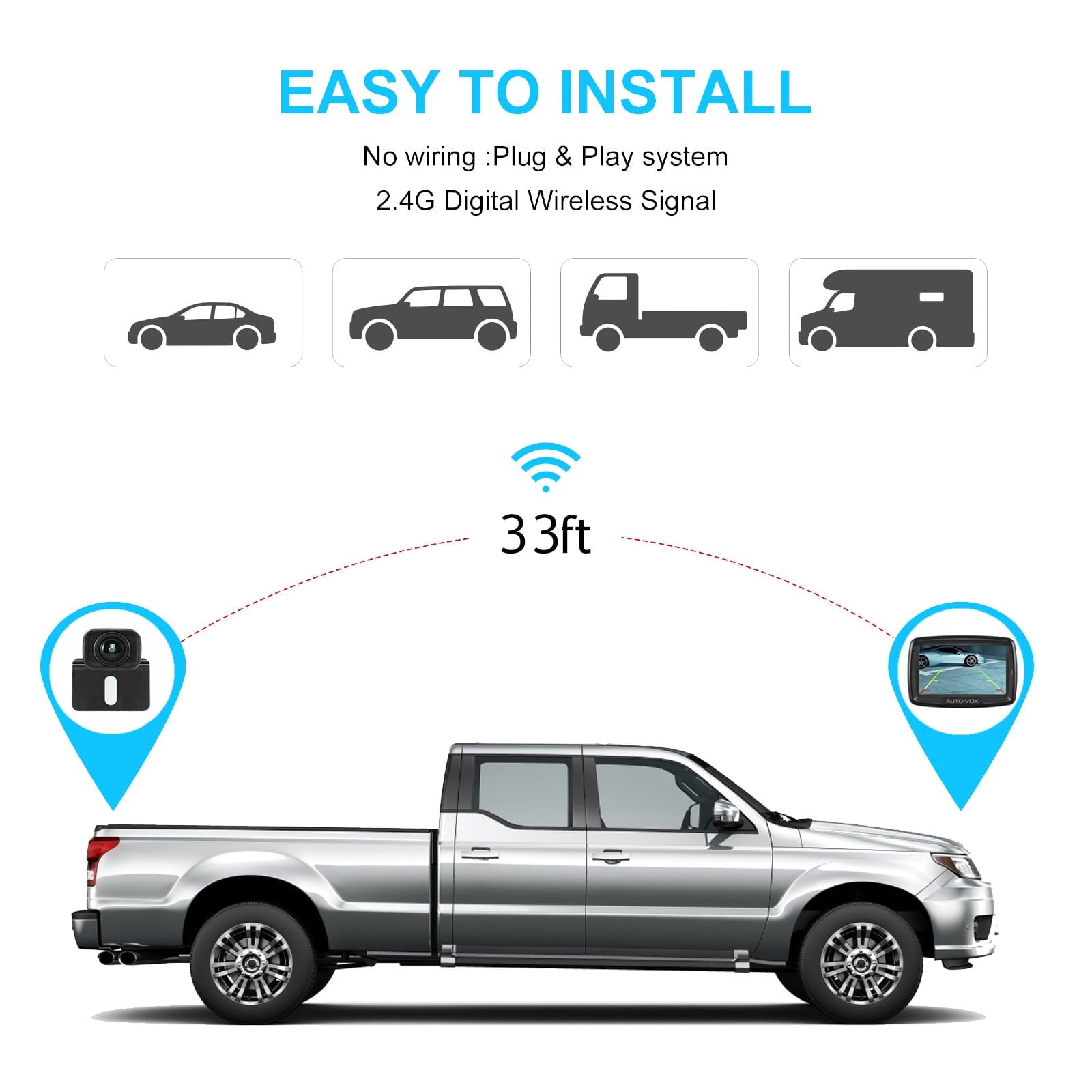 Wireless Backup Camera for Trucks, Waterproof Reversing Camera  Easy Installation, Vehicle Digital BackUp Camera System Wireless Rear View Camera for Trailer