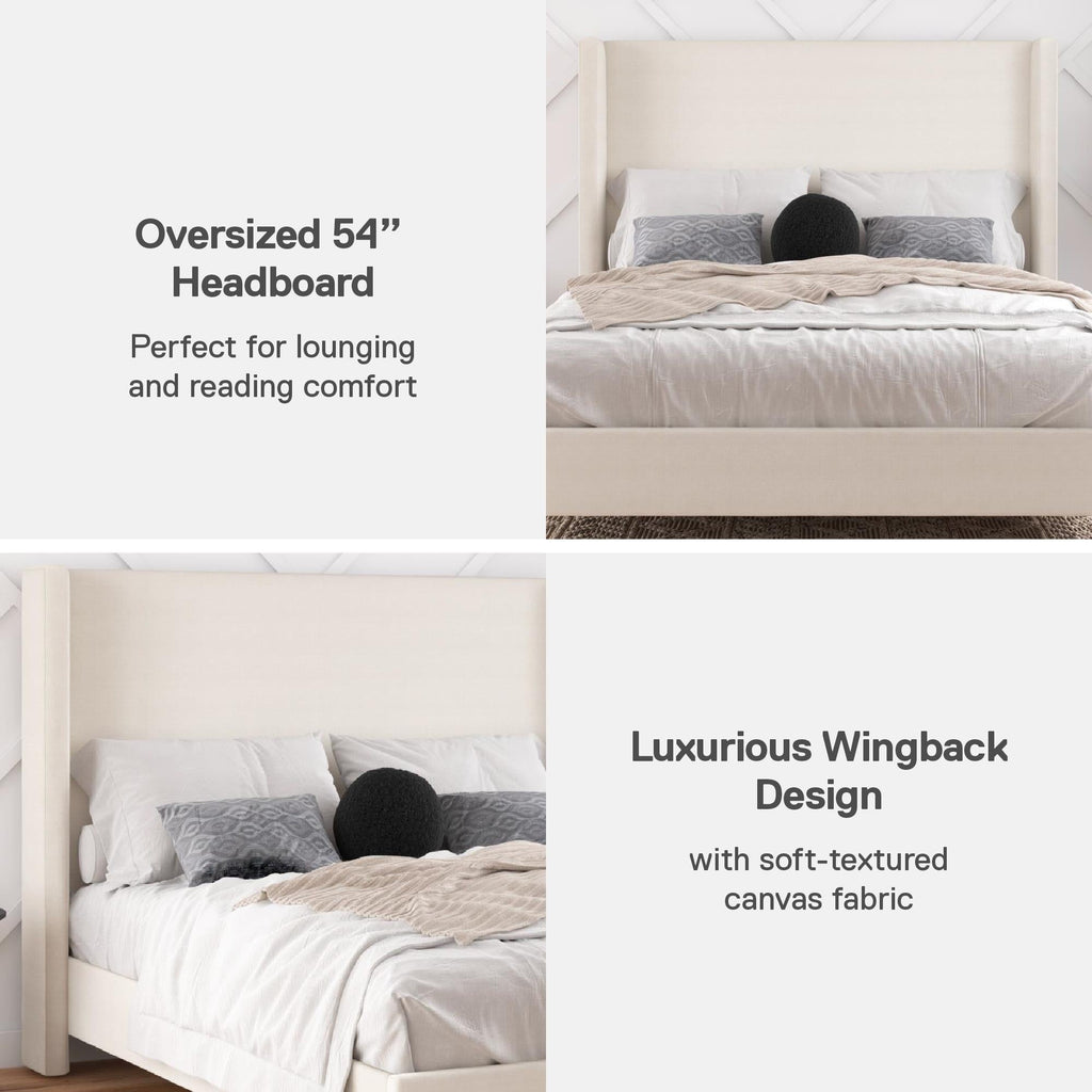 DHP Eveline Upholstered Platform Bed Frame with High Wingback Headboard, Queen, Textured Ivory Canvas