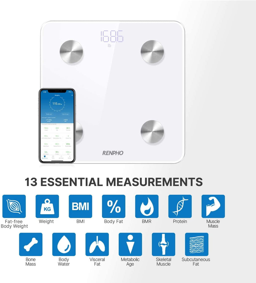 RENPHO Digital Body Weight Scale, Body Composition Monitor Health Analyzer with Smartphone App, White