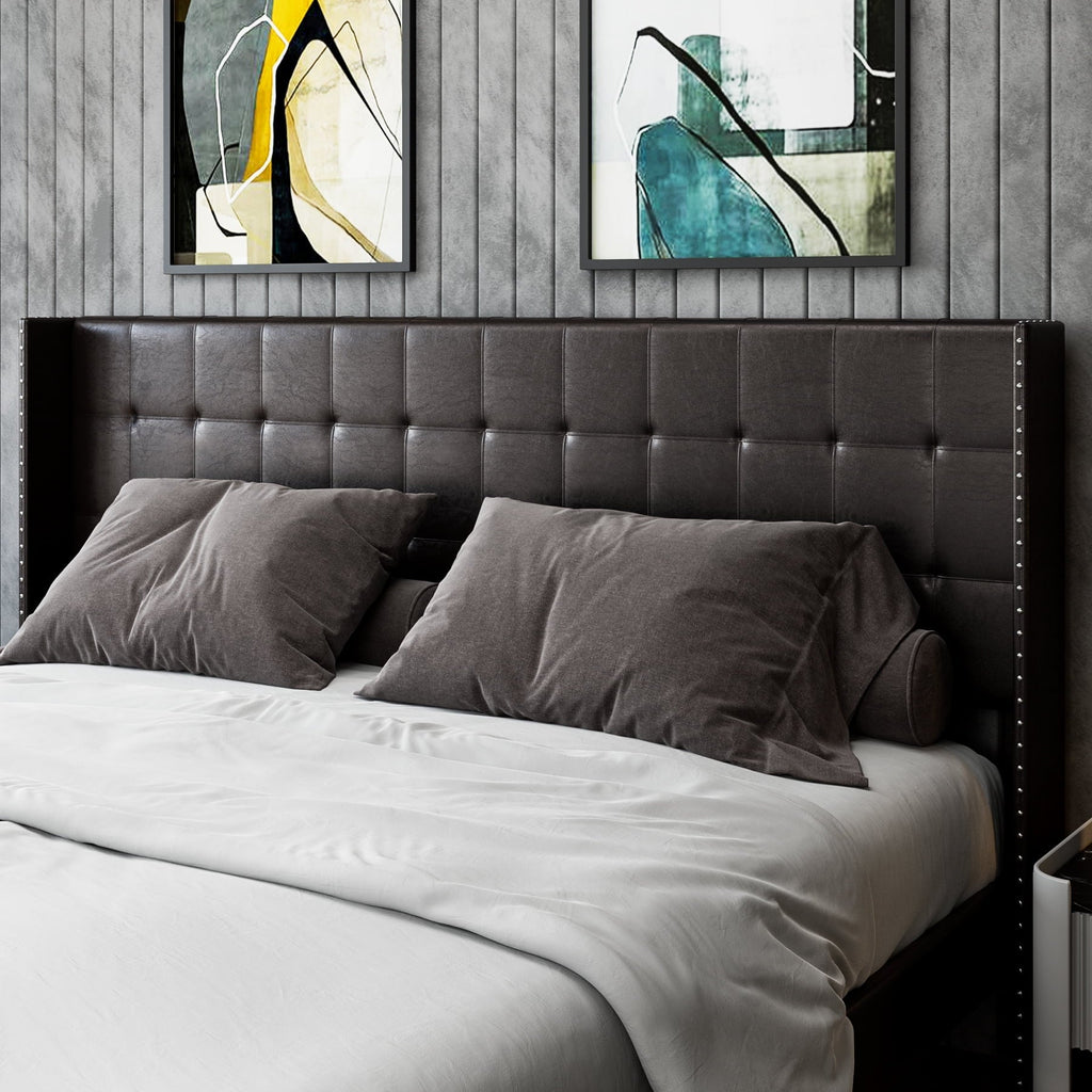 Homfa Full Bed Frame, Modern Bed Frame with Wing-Back PU Leather Upholstered Headboard, Wood Slat Support, Black Brown