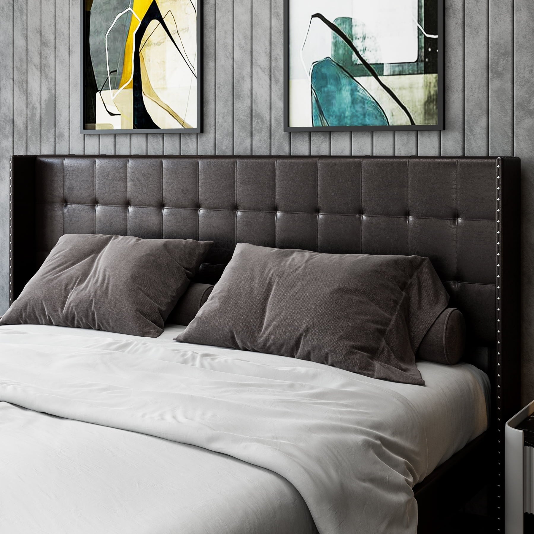 Homfa Full Bed Frame, Modern Bed Frame with Wing-Back PU Leather Upholstered Headboard, Wood Slat Support, Black Brown