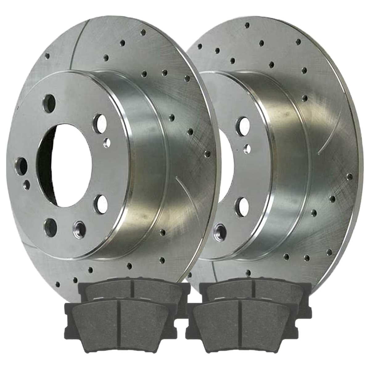 AutoShack Front and Rear Drilled Slotted Brake Rotors Silver and Ceramic Pads Kit Replacement for 2007-2011 Toyota Camry 2008-2011 Avalon 2007 2008 2009 2010 Lexus ES350 2.4L 2.5L 3.5L V6 FWD