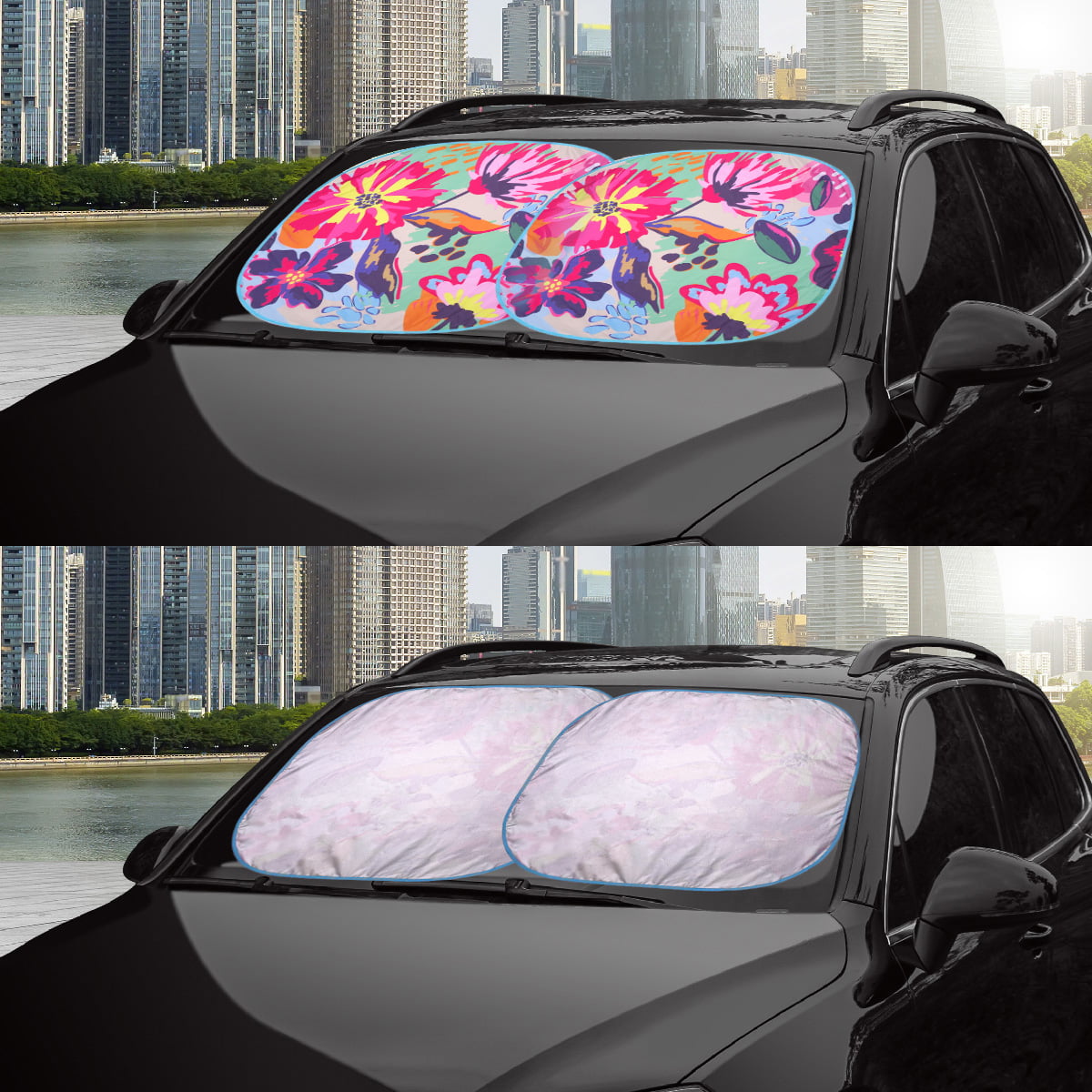 Auto Drive Sedan SUV Hatchback Windshield Floral Design Twist Sun Shade 1 Pair, 28.5"x 31.5"