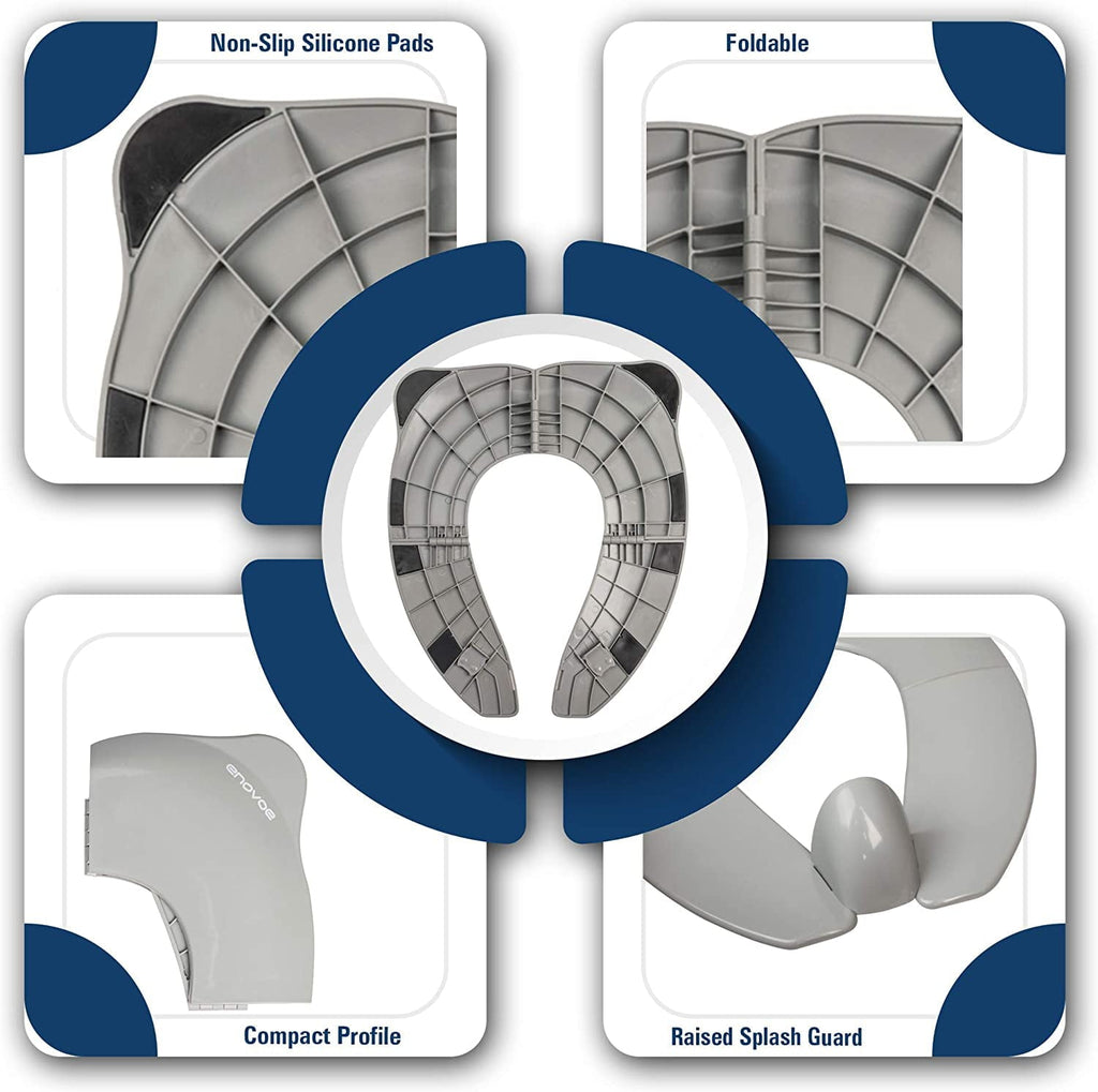 Enovoe Foldable Toddler Potty Seat - Portable Travel Potty Training Toilet Seat for Boys and Girls - Comfortable Non-Slip Attachment in Grey - Ideal Toddler Toilet Seat for Travel