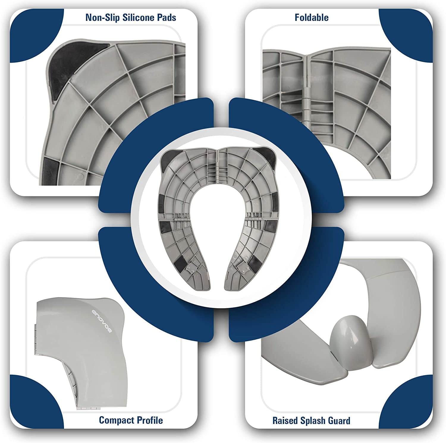 Enovoe Foldable Toddler Potty Seat - Portable Travel Potty Training Toilet Seat for Boys and Girls - Comfortable Non-Slip Attachment in Grey - Ideal Toddler Toilet Seat for Travel