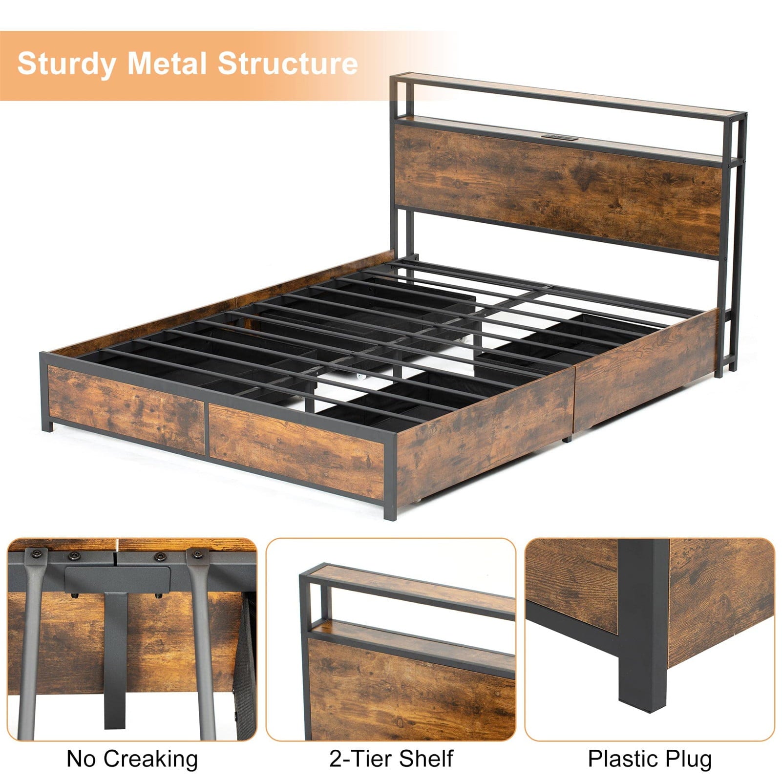 Full LED Bed Frame with Storage Headboard + 4 Drawers + Power Station, Industrial Metal Platform Bed, No Need Spring Box(Tan-Full)