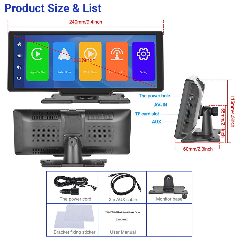 Podofo 7-32V 10.26" Portable Car Stereo Radio Wireless Carplay Android Auto HD Touch Screen Player FM Bluetooth Voice Control for (No Rearview Camera)